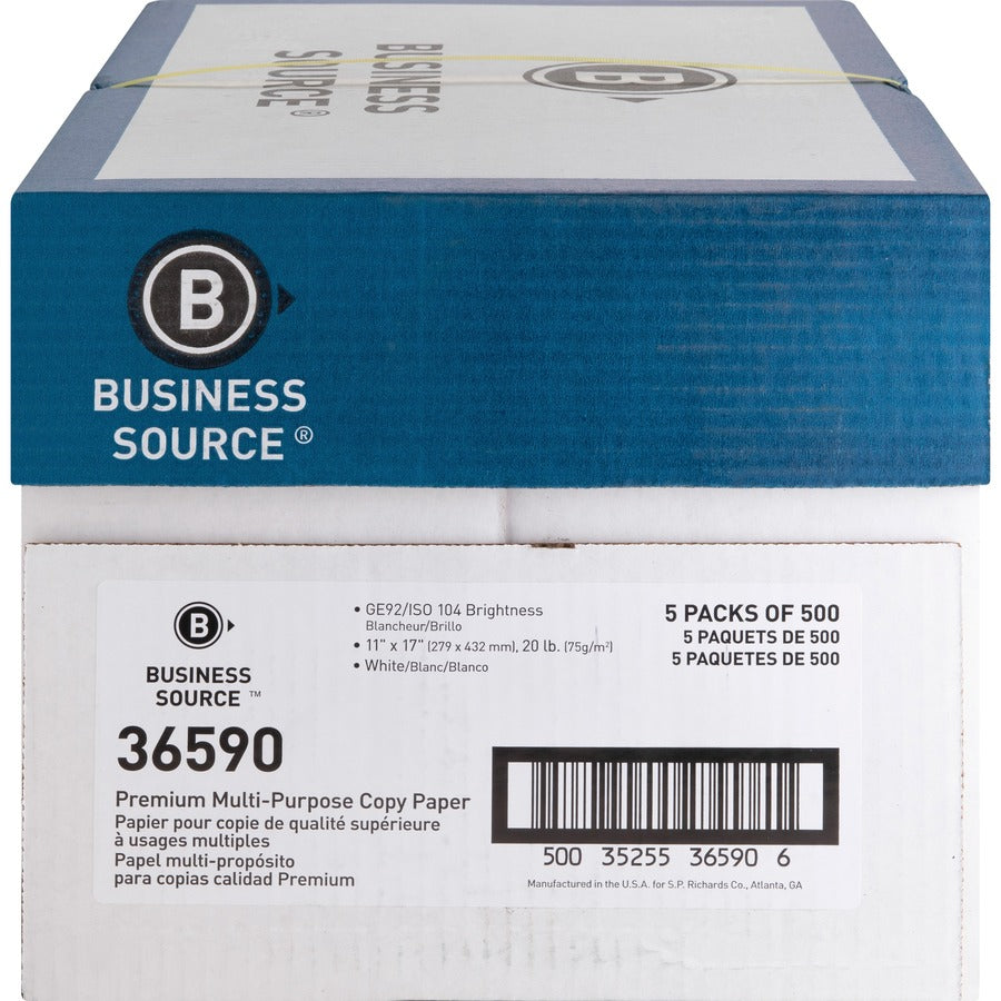 Business Source Premium Multipurpose Copy Paper - 92 Brightness - Ledger/Tabloid - 11" x 17" - 20 lb Basis Weight - 2500 / Carton - Acid-free - White
