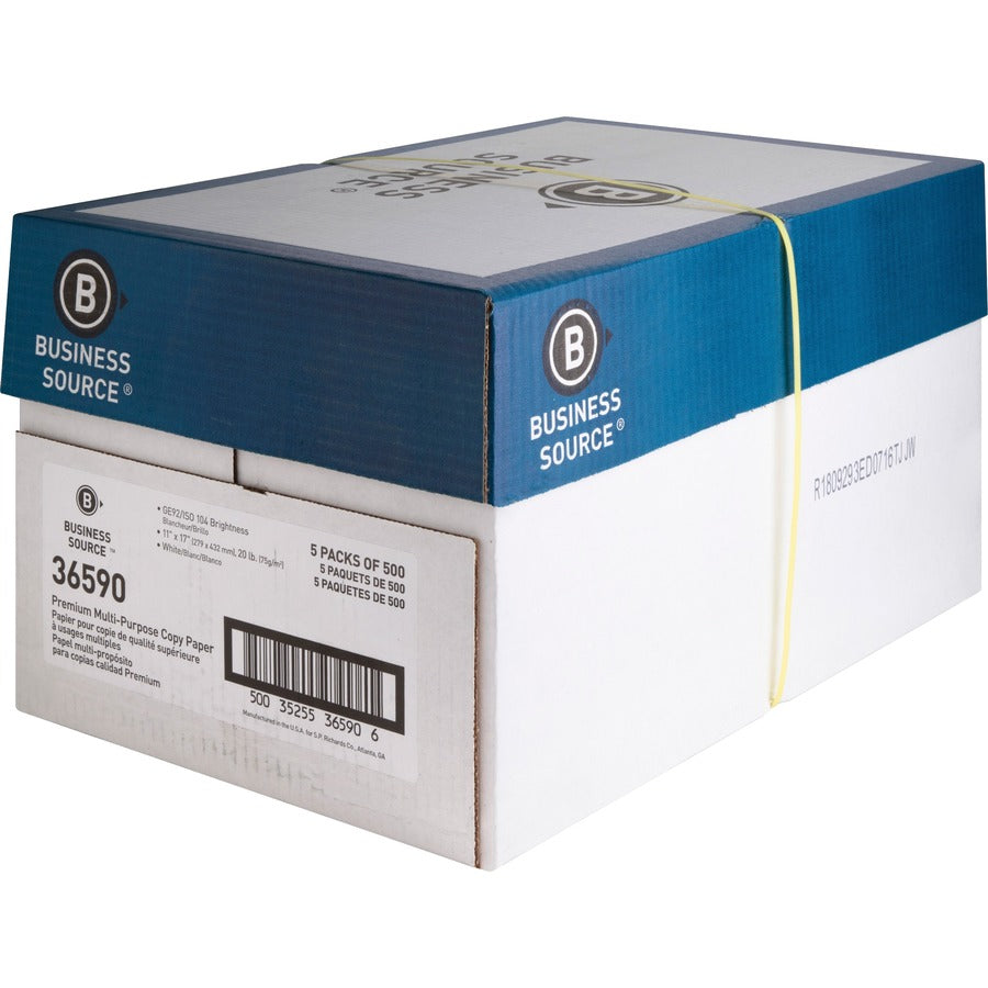 Business Source Premium Multipurpose Copy Paper - 92 Brightness - Ledger/Tabloid - 11" x 17" - 20 lb Basis Weight - 2500 / Carton - Acid-free - White