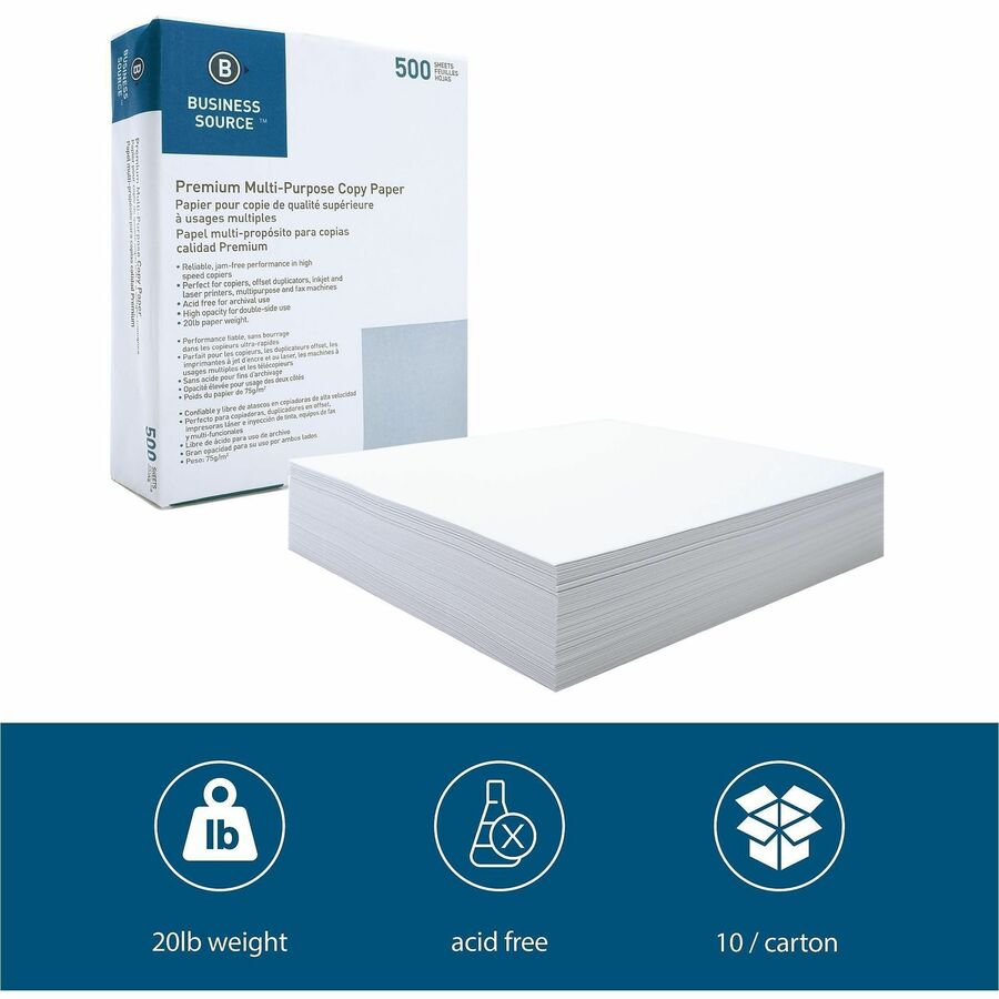 Business Source Multipurpose Copy Paper - 92 Brightness - Letter - 8 1/2" x 11" - 20 lb Basis Weight - 5000 / Carton - Acid-free - White