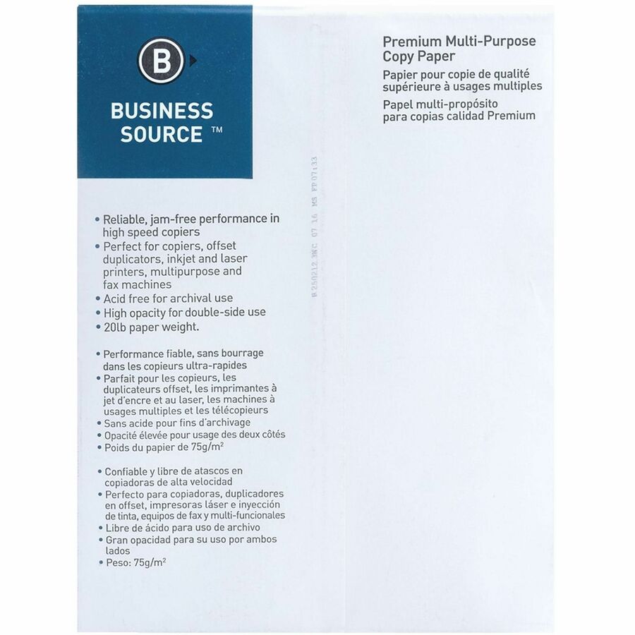 Business Source Multipurpose Copy Paper - 92 Brightness - Letter - 8 1/2" x 11" - 20 lb Basis Weight - 5000 / Carton - Acid-free - White