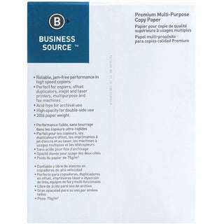 Business Source Multipurpose Copy Paper - 92 Brightness - Letter - 8 1/2" x 11" - 20 lb Basis Weight - 5000 / Carton - Acid-free - White