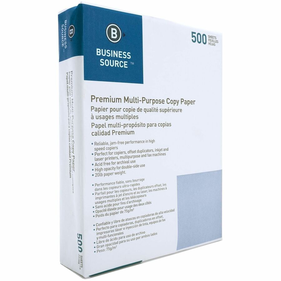 Business Source Multipurpose Copy Paper - 92 Brightness - Letter - 8 1/2" x 11" - 20 lb Basis Weight - 5000 / Carton - Acid-free - White