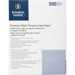 Business Source 3HP Premium Multipurpose Copy Paper - White - 92 Brightness - Letter - 8 1/2" x 11" - 20 lb Basis Weight - 5000 / Carton - Acid-free - White - 