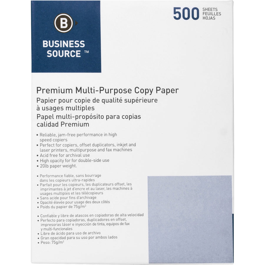 Business Source 3HP Premium Multipurpose Copy Paper - White - 92 Brightness - Letter - 8 1/2" x 11" - 20 lb Basis Weight - 5000 / Carton - Acid-free - White - 