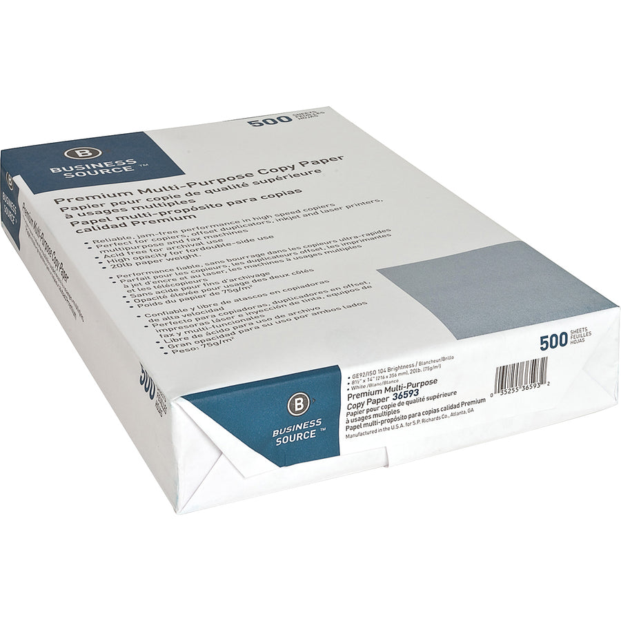 Business Source Premium Multipurpose Copy Paper - 92 Brightness - Legal - 8 1/2" x 14" - 20 lb Basis Weight - 5000 / Carton - Acid-free - White - 