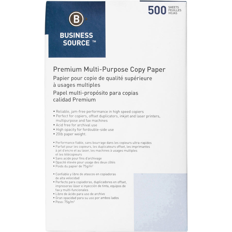 Business Source Premium Multipurpose Copy Paper - 92 Brightness - Legal - 8 1/2" x 14" - 20 lb Basis Weight - 5000 / Carton - Acid-free - White - 