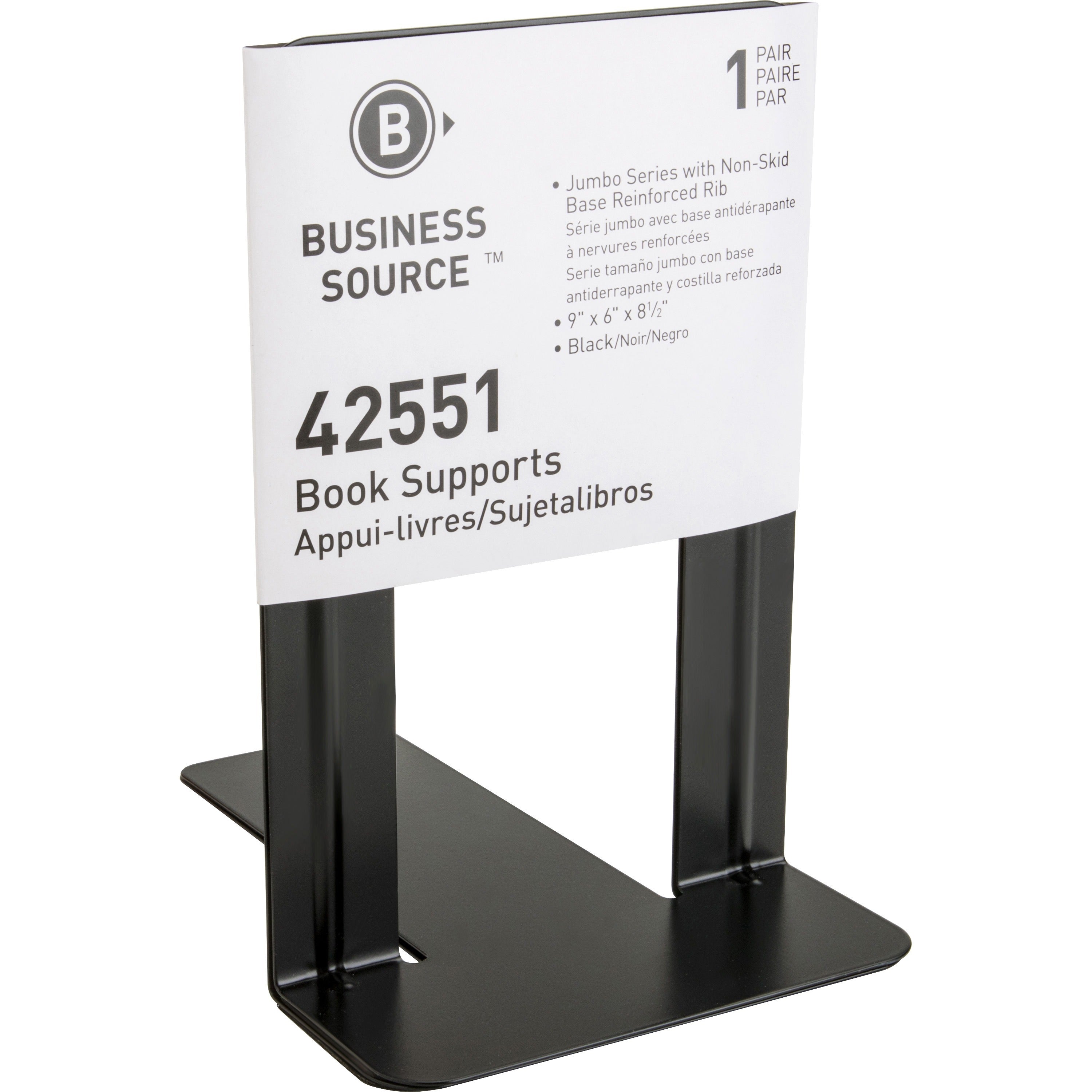 Business Source Heavy-gauge Steel Book Supports - 8.5" Height x 9" Width x 6" DepthDesktop - Non-skid Base, Scratch Resistant, Stain Resistant - Enamel - Black - Steel - 2 / Pair - 