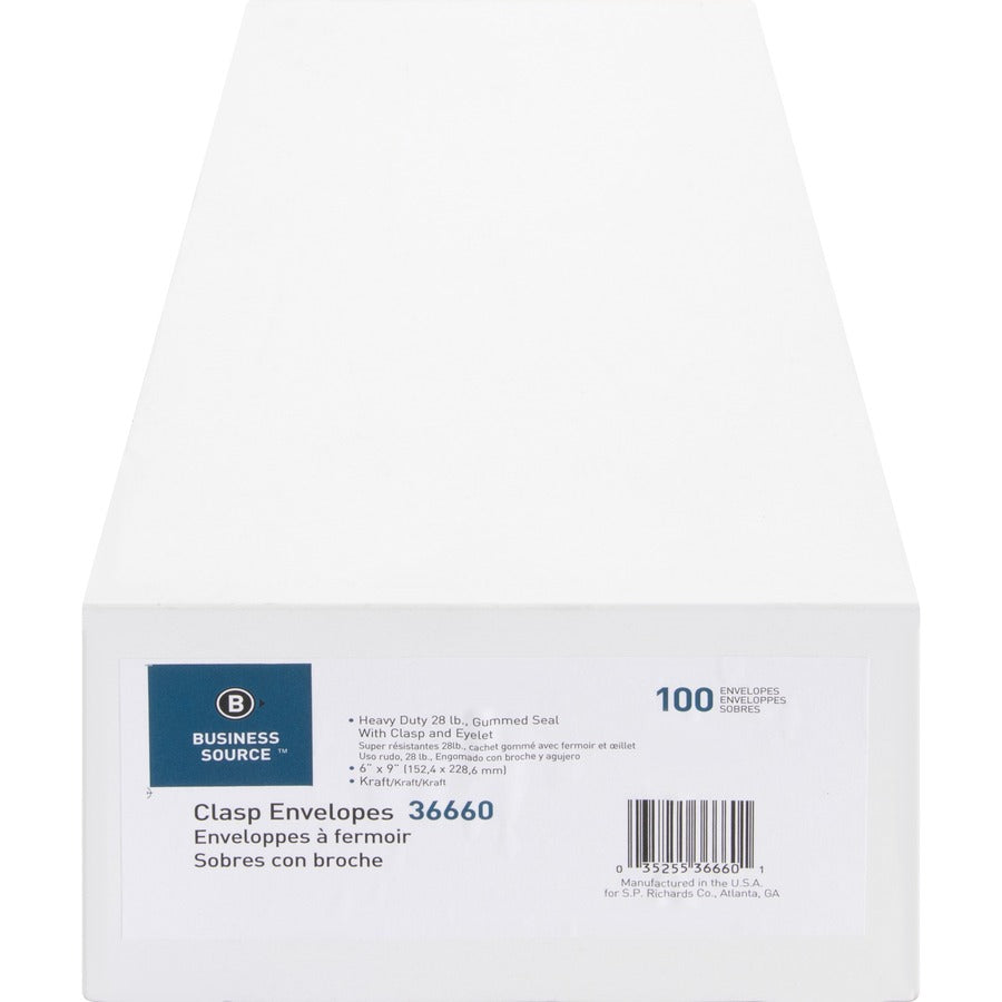 Business Source Heavy-duty Metal Clasp Envelopes - Clasp - #55 - 6" Width x 9" Length - 28 lb - Clasp - Kraft - 100 / Box - Kraft