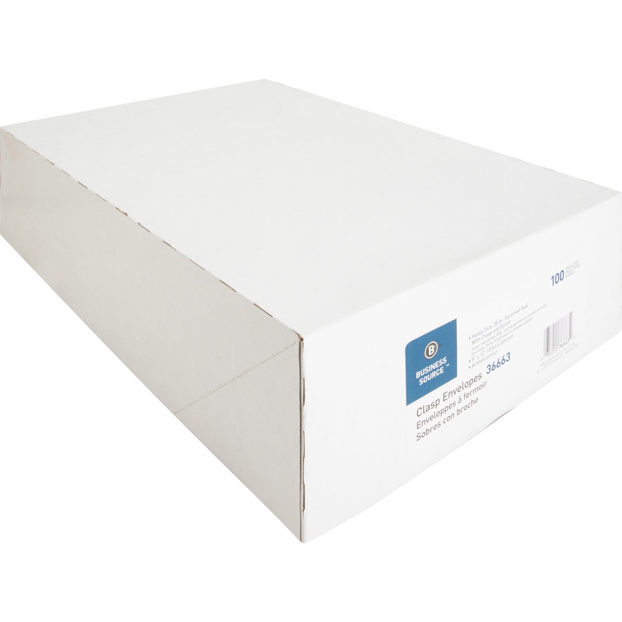 Business Source Heavy-duty Clasp Envelopes - Clasp - #90 - 9" Width x 12" Length - 28 lb - Clasp - Kraft - 100 / Box - Kraft - 