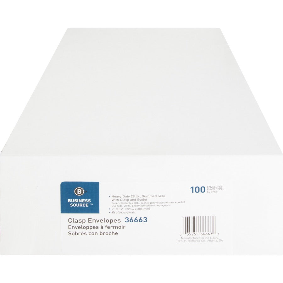 Business Source Heavy-duty Clasp Envelopes - Clasp - #90 - 9" Width x 12" Length - 28 lb - Clasp - Kraft - 100 / Box - Kraft