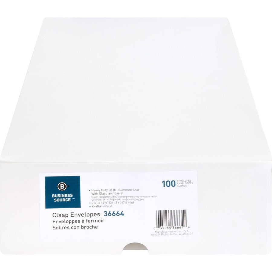 Business Source Heavy-duty Clasp Envelopes - Clasp - #93 - 9 1/2" Width x 12 1/2" Length - 28 lb - Clasp - Kraft - 100 / Box - Kraft