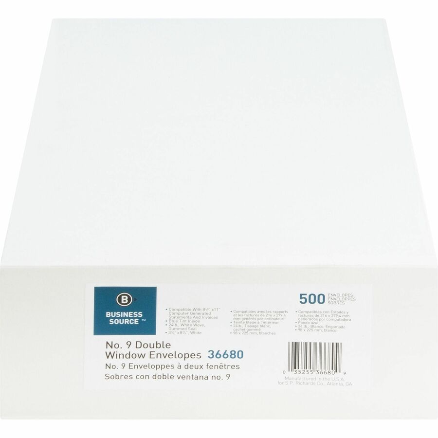 Business Source No. 9 Double Window Invoice Envelopes - Double Window - #9 - 8 7/8" Width x 3 7/8" Length - 24 lb - 500 / Box - White