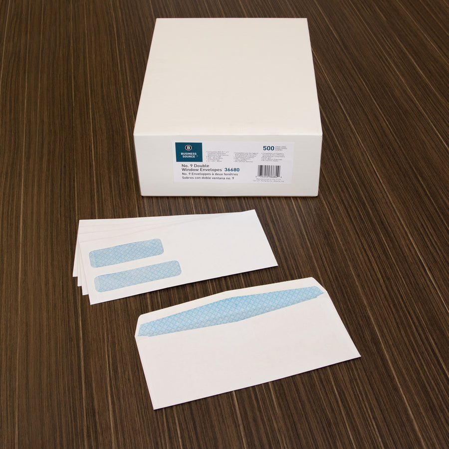 Business Source No. 9 Double Window Invoice Envelopes - Double Window - #9 - 8 7/8" Width x 3 7/8" Length - 24 lb - 500 / Box - White - 