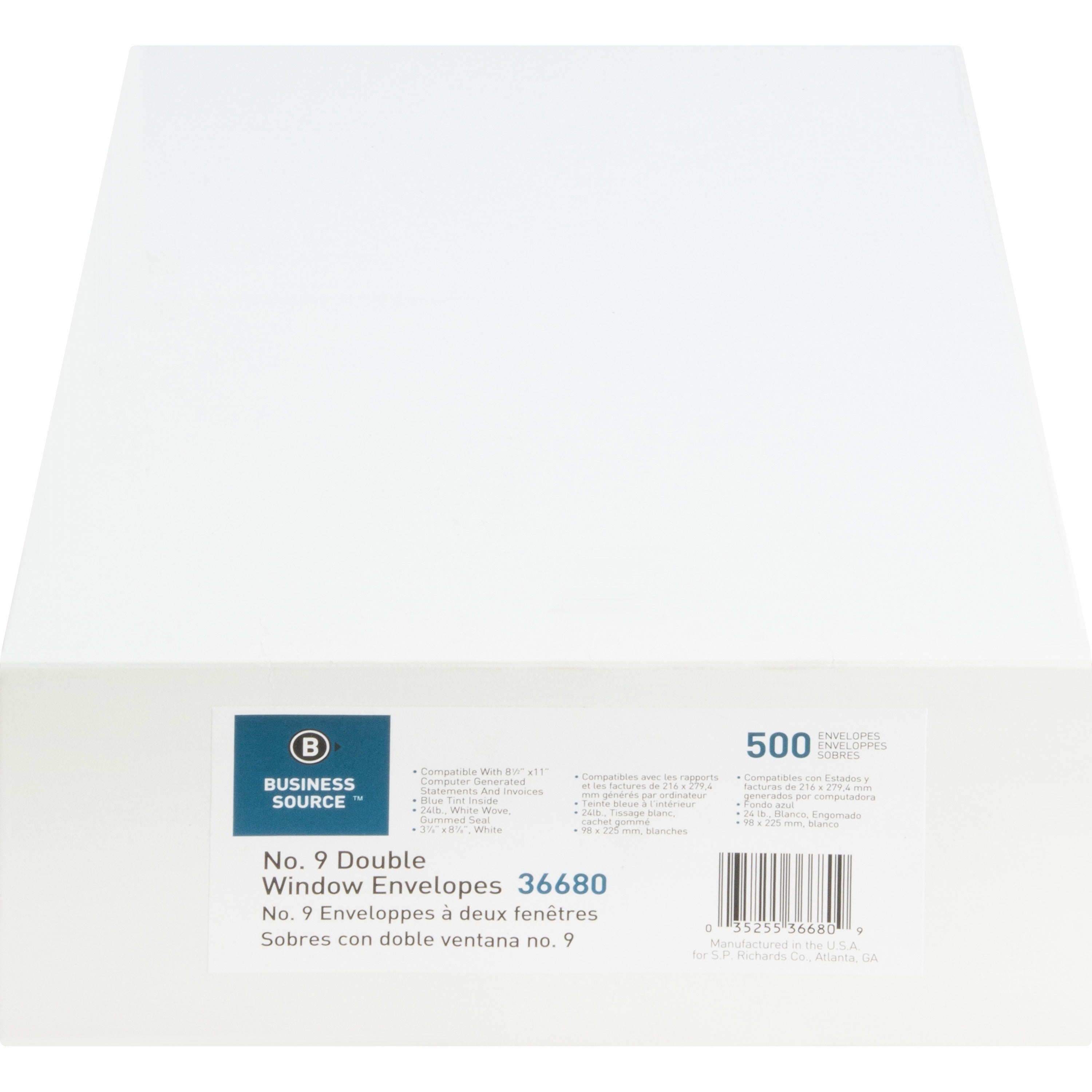 Business Source No. 9 Double Window Invoice Envelopes - Double Window - #9 - 8 7/8" Width x 3 7/8" Length - 24 lb - 500 / Box - White - 