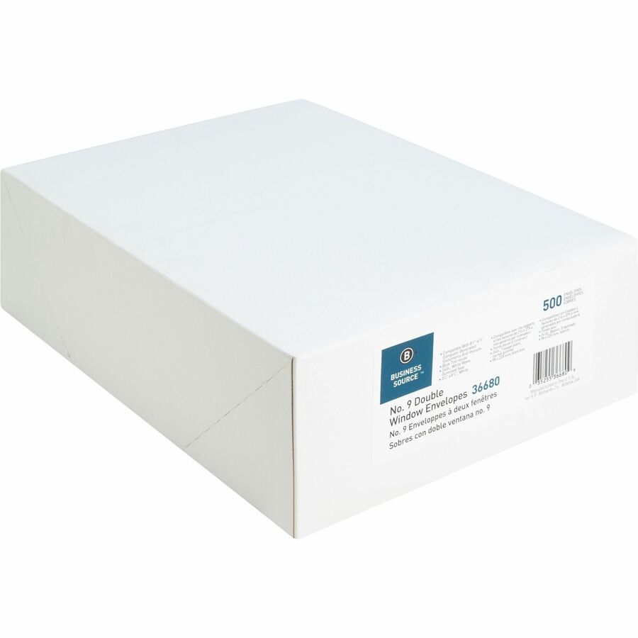 Business Source No. 9 Double Window Invoice Envelopes - Double Window - #9 - 8 7/8" Width x 3 7/8" Length - 24 lb - 500 / Box - White