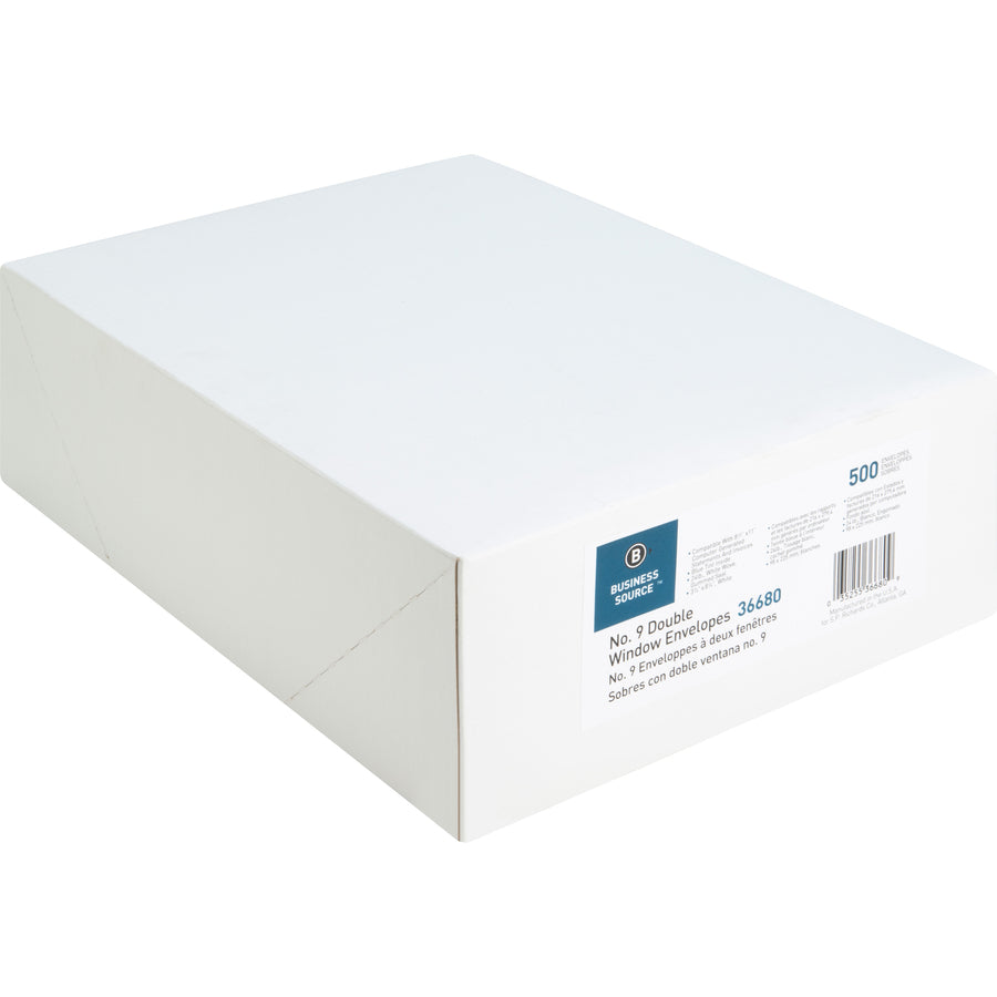 Business Source No. 9 Double Window Invoice Envelopes - Double Window - #9 - 8 7/8" Width x 3 7/8" Length - 24 lb - 500 / Box - White - 