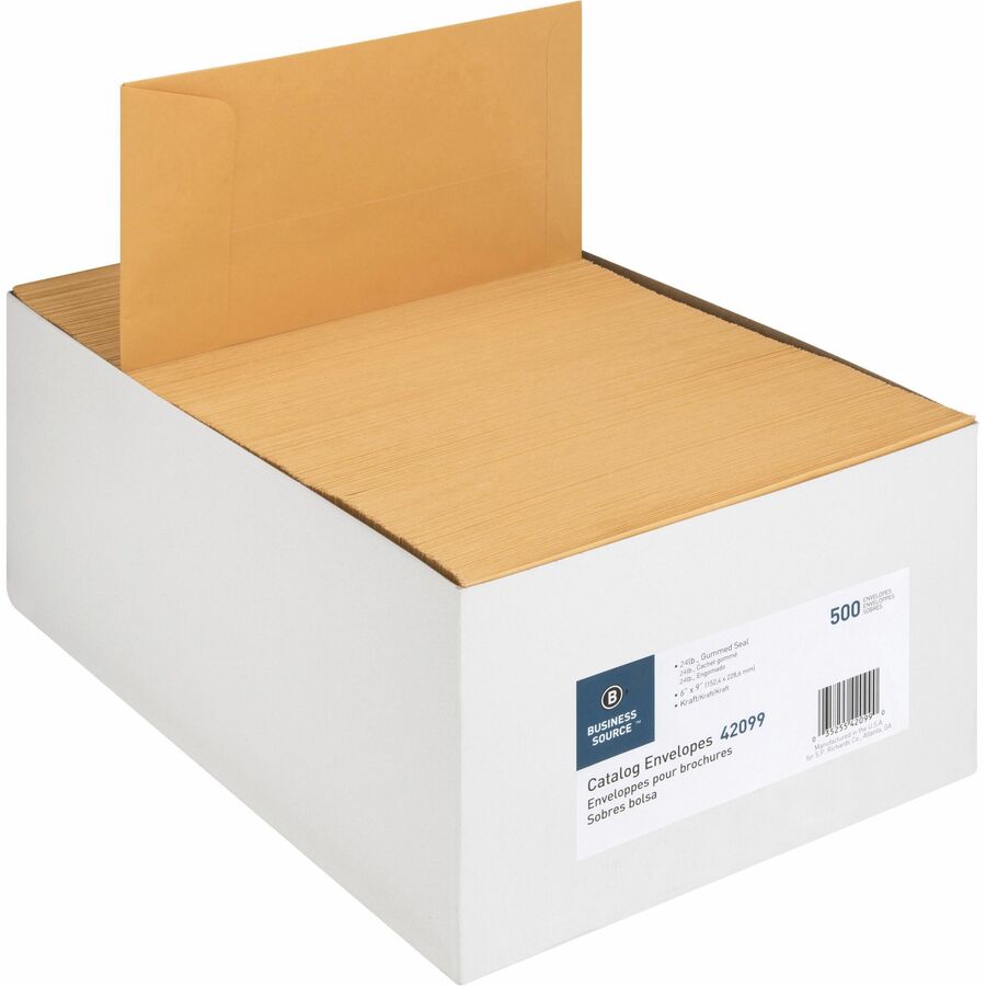 Business Source Durable Kraft Catalog Envelopes - Catalog - 6" Width x 9" Length - 24 lb - Gummed - Kraft - 500 / Box - Kraft - 