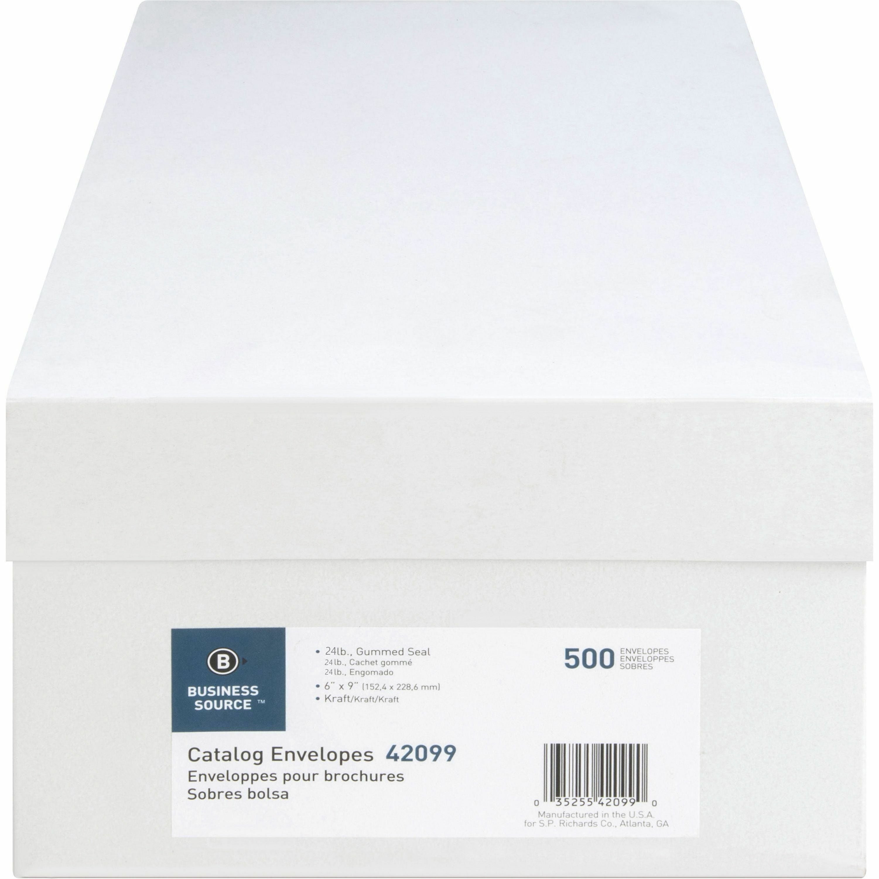 Business Source Durable Kraft Catalog Envelopes - Catalog - 6" Width x 9" Length - 24 lb - Gummed - Kraft - 500 / Box - Kraft - 