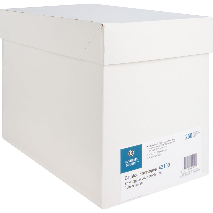 Business Source Kraft Gummed Catalog Envelopes - Catalog - #10 1/2 - 9" Width x 12" Length - 28 lb - Gummed - Kraft - 250 / Box - Kraft - 
