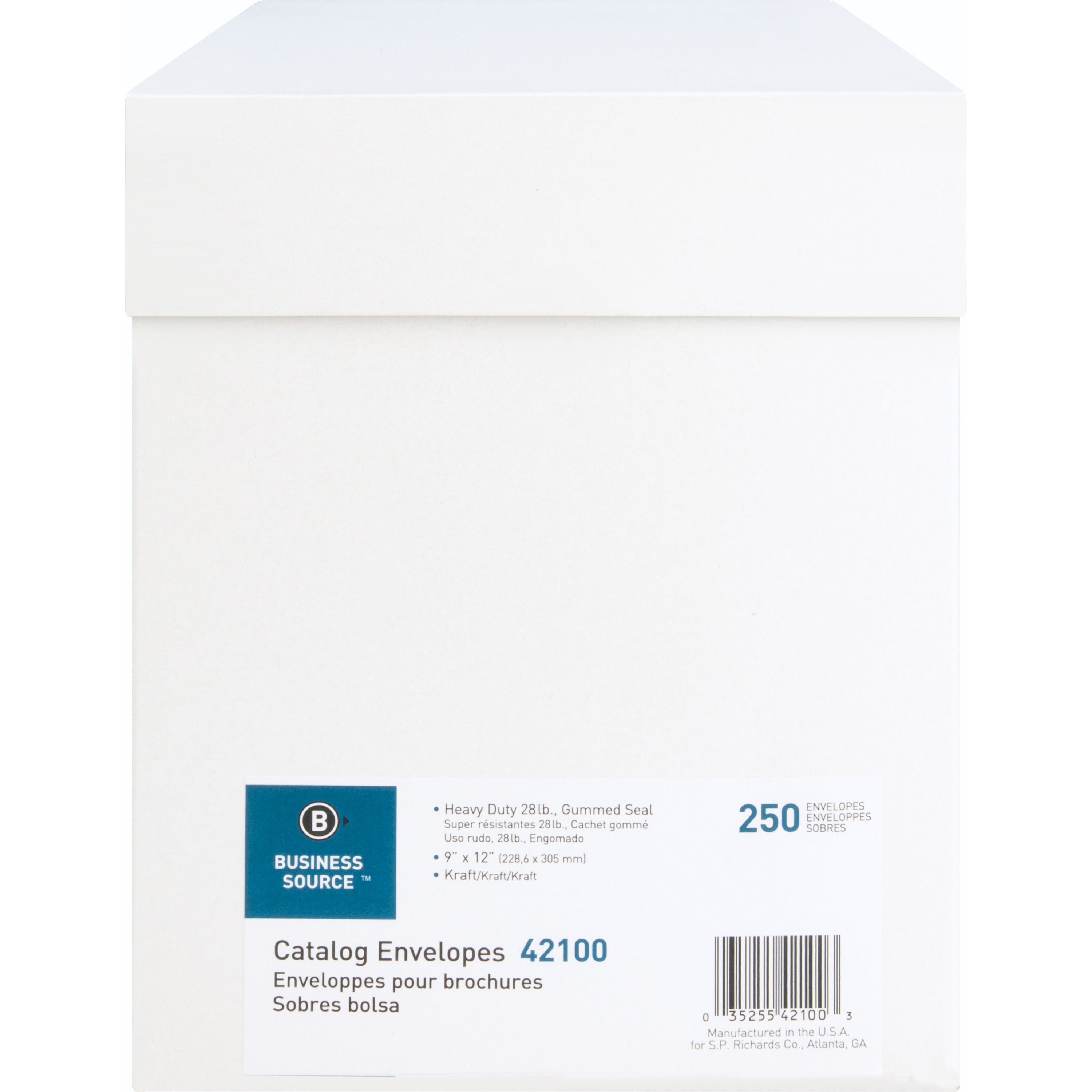Business Source Kraft Gummed Catalog Envelopes - Catalog - #10 1/2 - 9" Width x 12" Length - 28 lb - Gummed - Kraft - 250 / Box - Kraft - 
