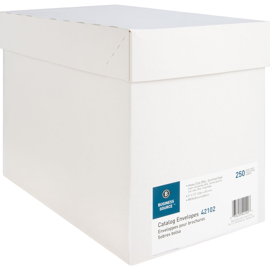 Business Source 28 lb. White Catalog Envelopes - Catalog - #10 1/2 - 9" Width x 12" Length - 28 lb - Gummed - Wove - 250 / Box - White - 