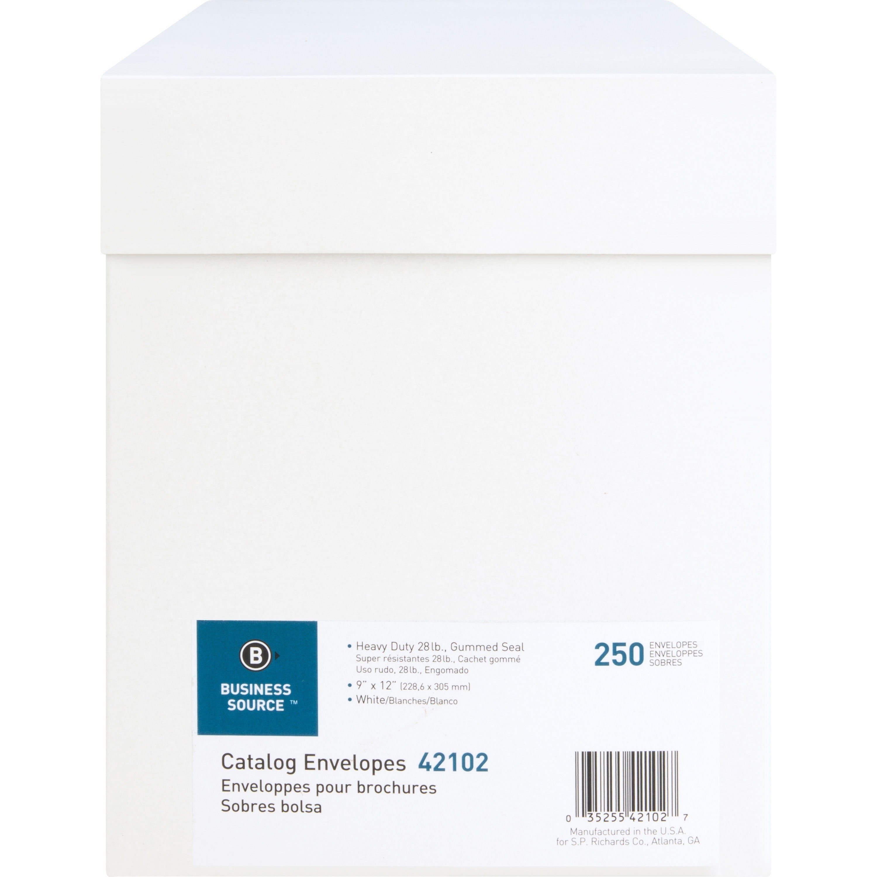 Business Source 28 lb. White Catalog Envelopes - Catalog - #10 1/2 - 9" Width x 12" Length - 28 lb - Gummed - Wove - 250 / Box - White - 