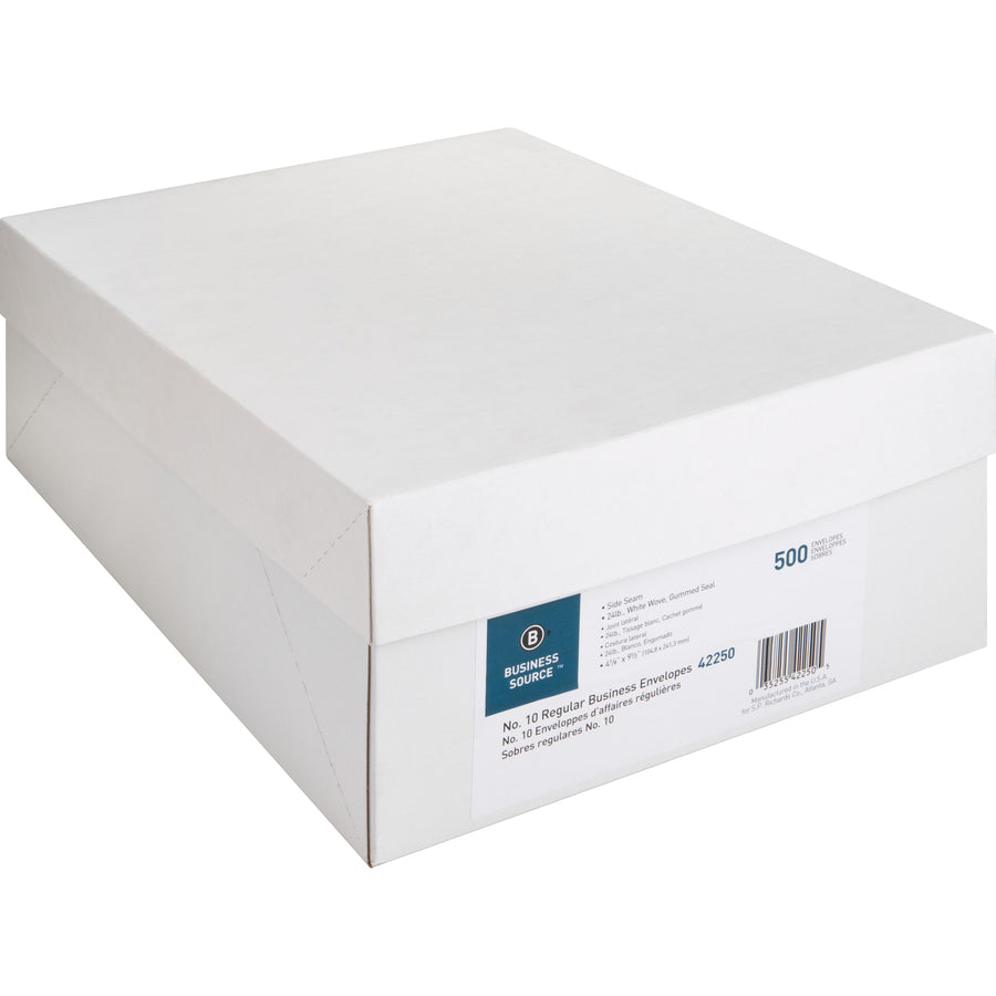 Business Source Regular Business Envelopes - Commercial - #10 - 9 1/2" Width x 4 1/8" Length - 24 lb - Gummed - Wove - 500 / Box - White - 