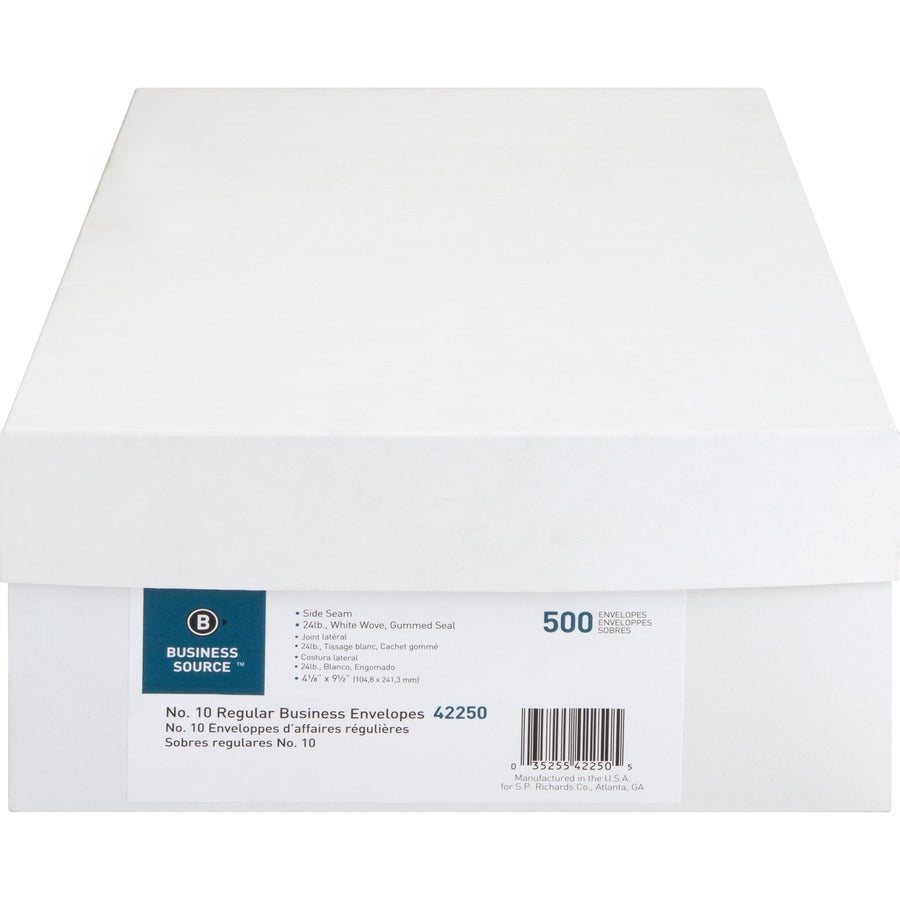 Business Source Regular Business Envelopes - Commercial - #10 - 9 1/2" Width x 4 1/8" Length - 24 lb - Gummed - Wove - 500 / Box - White