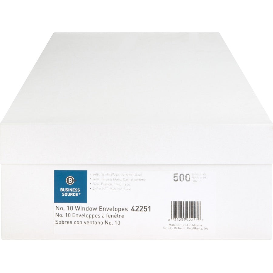 Business Source Economical No. 10 Window Envelope - Single Window - #10 - 9 1/2" Width x 4 1/8" Length - 24 lb - 500 / Box - White