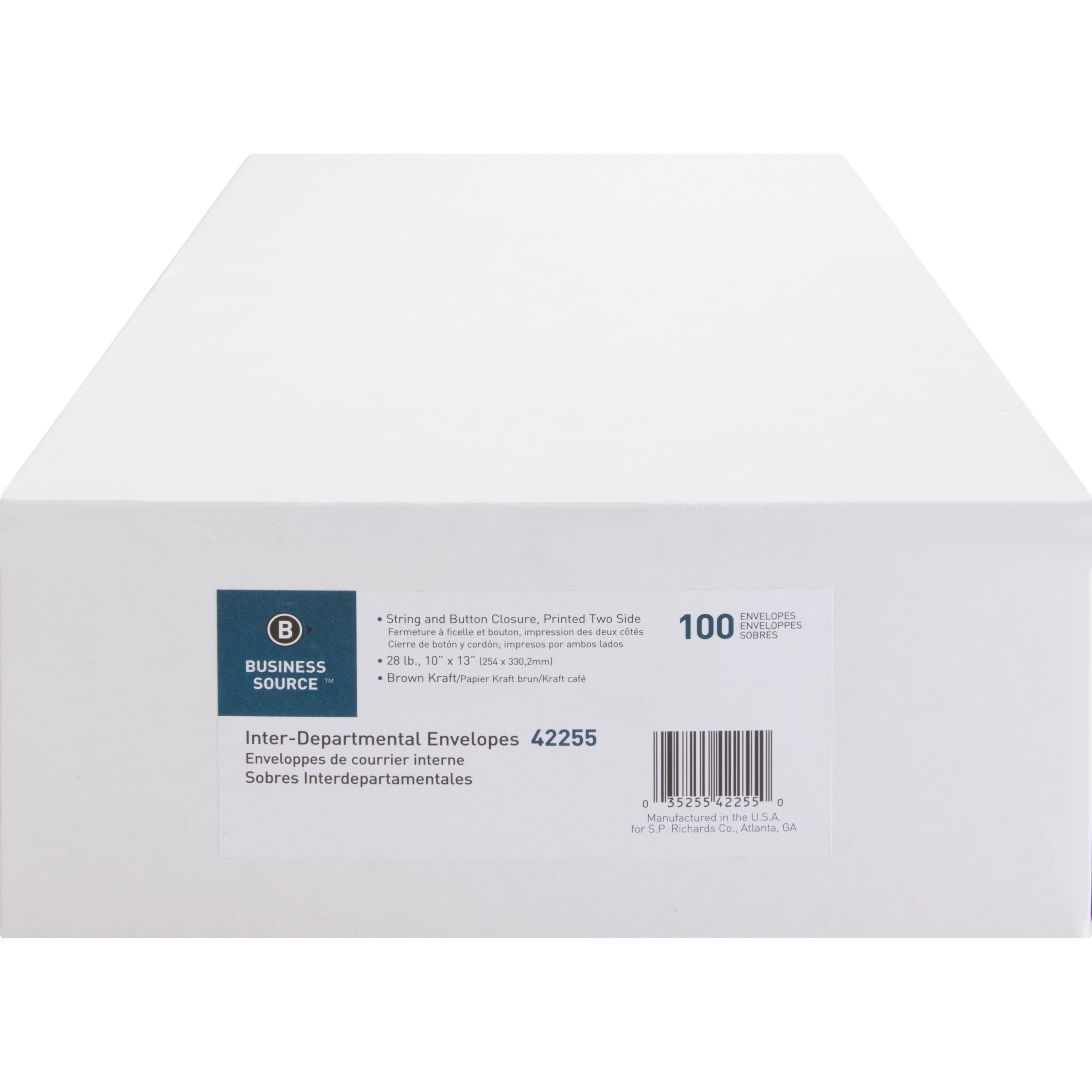 Business Source 2-sided Inter-Department Envelopes - Inter-department - 10" Width x 13" Length - 28 lb - String/Button - Kraft - 100 / Box - Kraft - 4