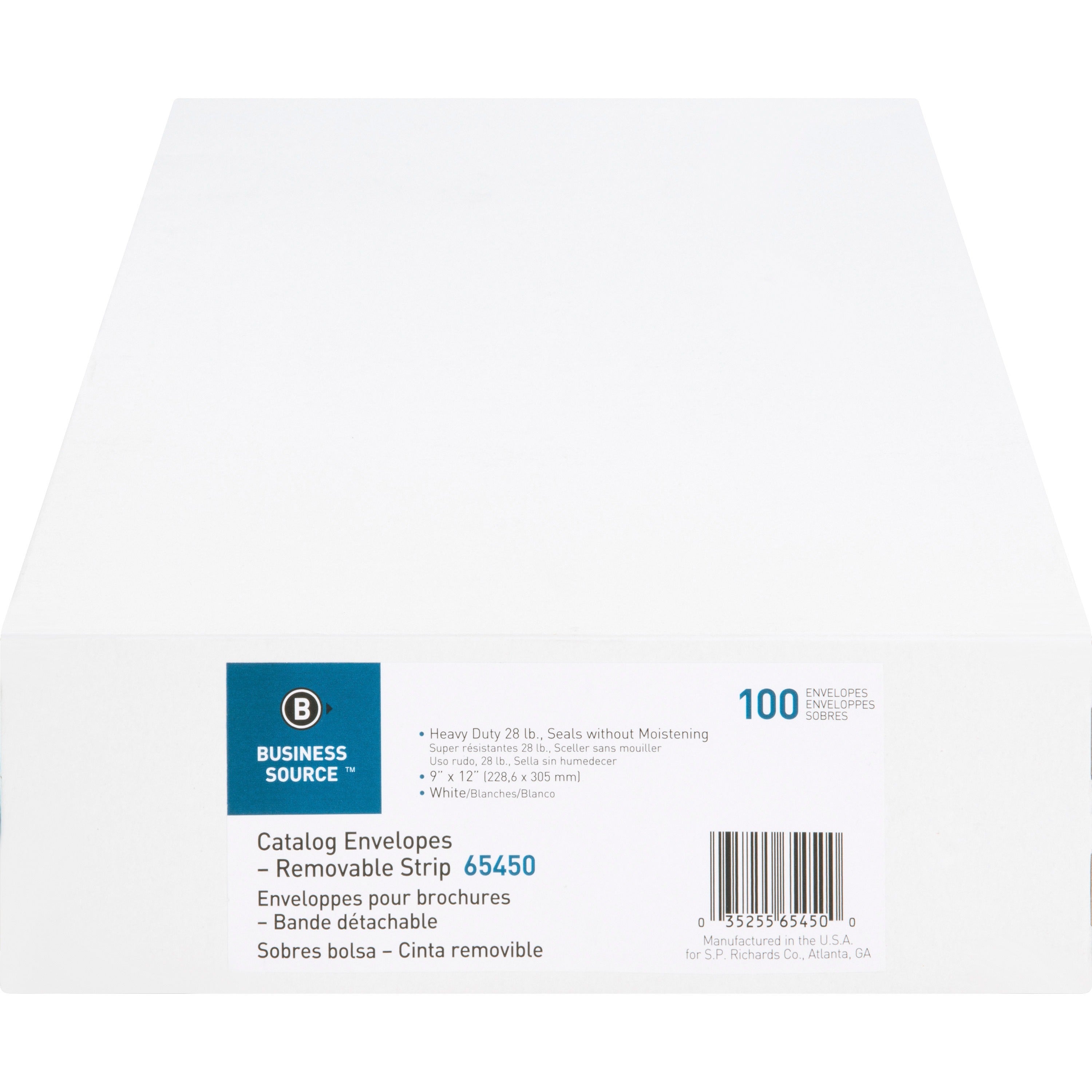 Business Source Self Sealing Catalog Envelope - Catalog - 9" Width x 12" Length - 28 lb - Peel & Seal - Wove - 100 / Box - White - 