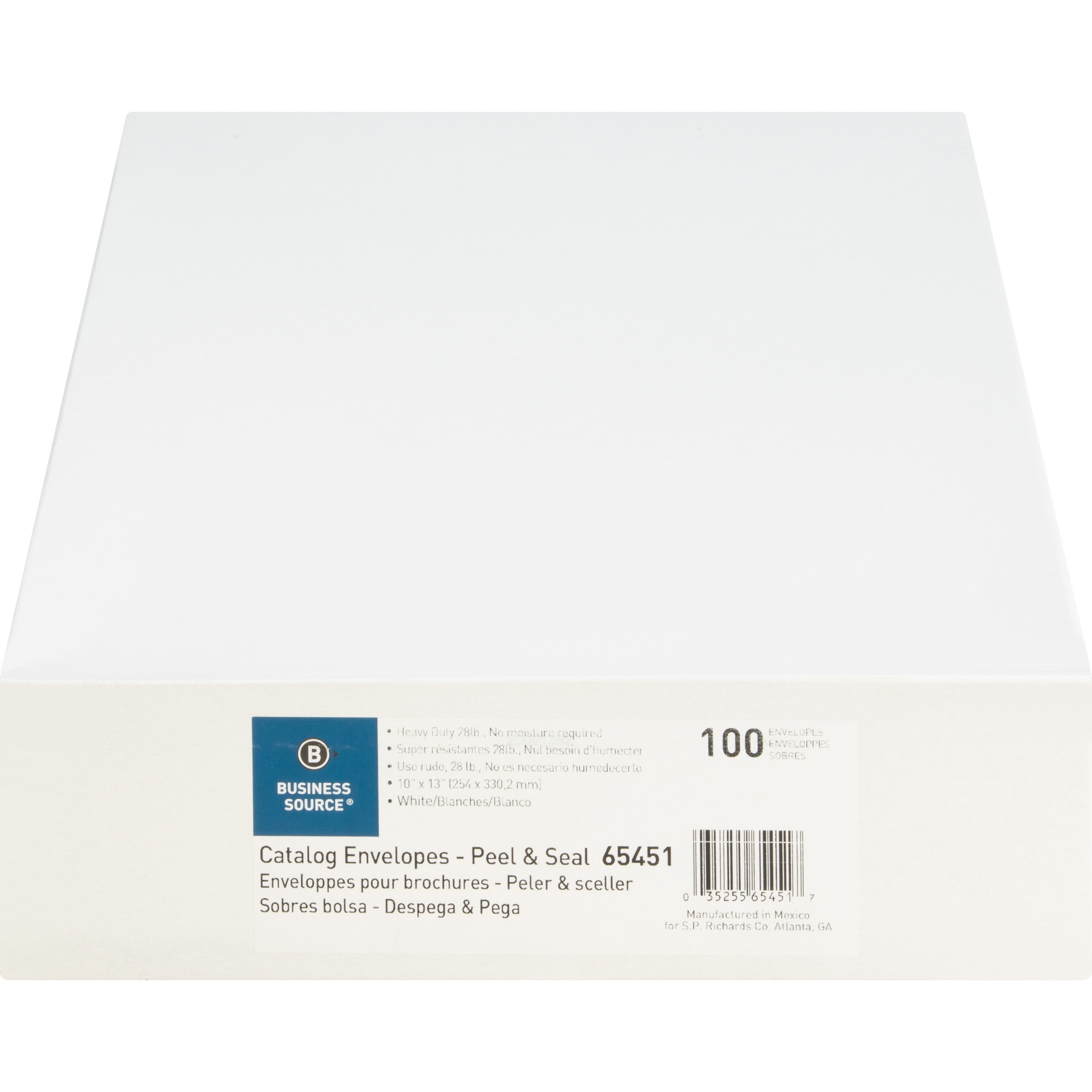 Business Source Self Sealing Catalog Envelopes - Catalog - 10" Width x 13" Length - 28 lb - Peel & Seal - Wove - 100 / Box - White - 