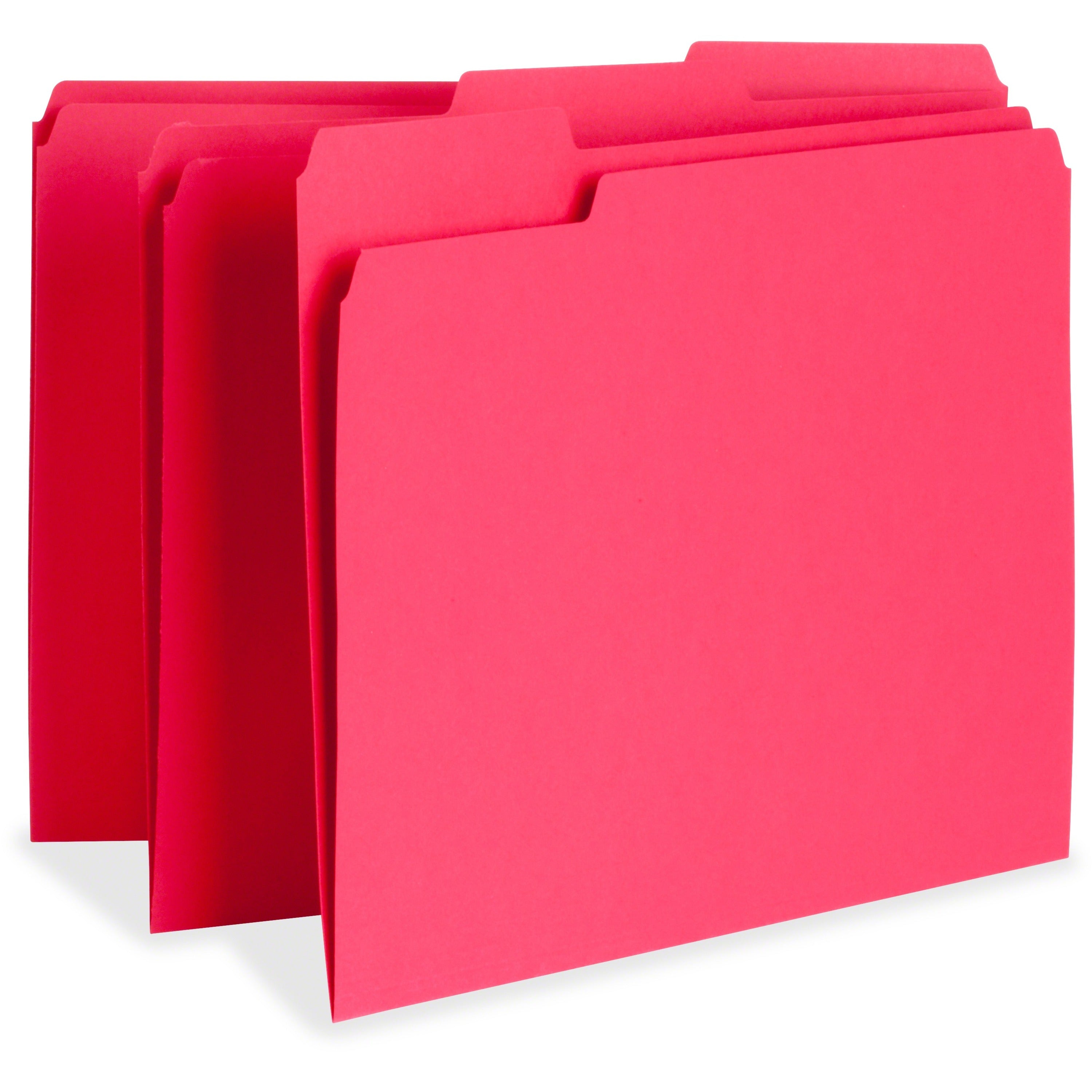 Business Source 1/3 Tab Cut Letter Recycled Top Tab File Folder - 8 1/2" x 11" - Top Tab Location - Assorted Position Tab Position - Red - 10% Recycled - 100 / Box - 