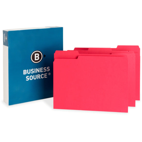 Business Source 1/3 Tab Cut Letter Recycled Top Tab File Folder - 8 1/2" x 11" - Top Tab Location - Assorted Position Tab Position - Red - 10% Recycled - 100 / Box - 