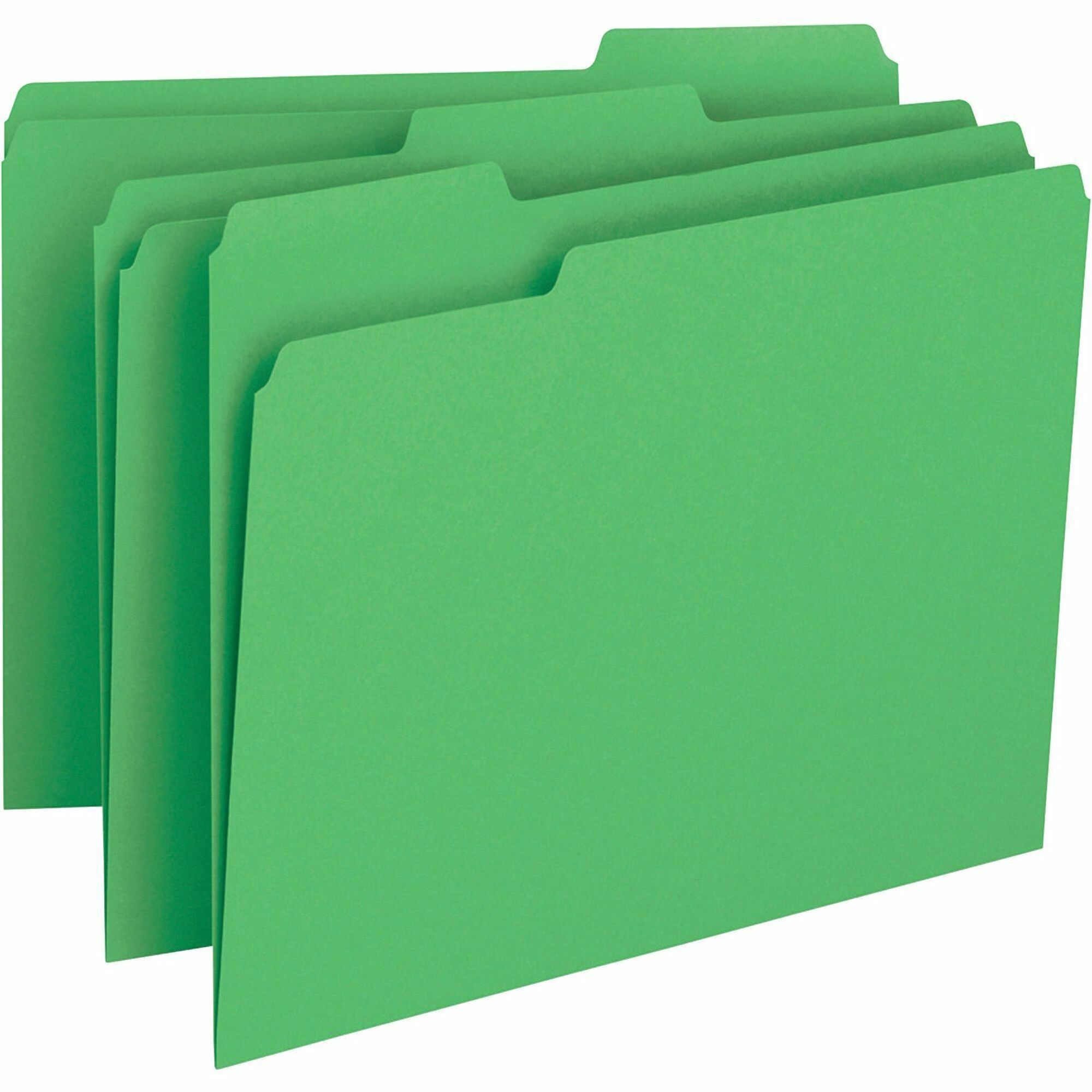 Business Source 1/3 Tab Cut Letter Recycled Top Tab File Folder - 8 1/2" x 11" - Top Tab Location - Assorted Position Tab Position - Green - 10% Recycled - 100 / Box - 