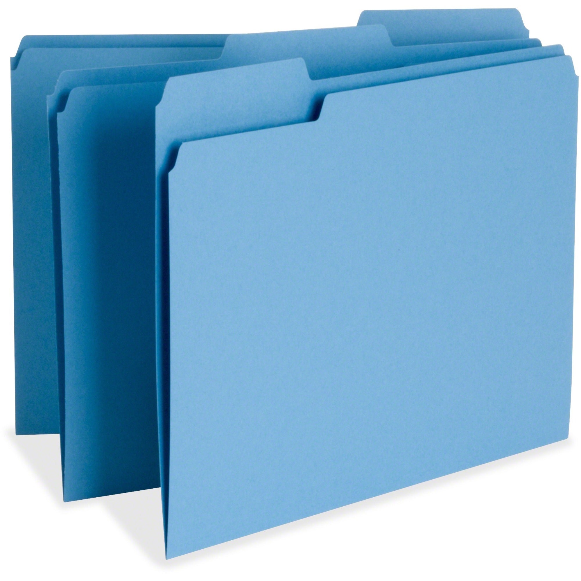 Business Source 1/3 Tab Cut Letter Recycled Top Tab File Folder - 8 1/2" x 11" - Top Tab Location - Assorted Position Tab Position - Blue - 10% Recycled - 100 / Box - 