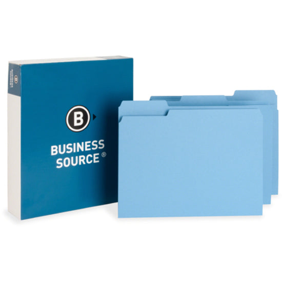 Business Source 1/3 Tab Cut Letter Recycled Top Tab File Folder - 8 1/2" x 11" - Top Tab Location - Assorted Position Tab Position - Blue - 10% Recycled - 100 / Box - 