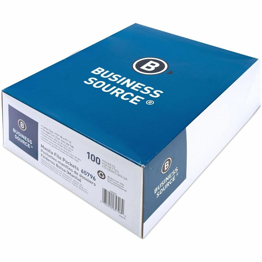 Business Source Letter Recycled File Pocket - 8 1/2" x 11" - Manila - 10% Recycled - 100 / Box
