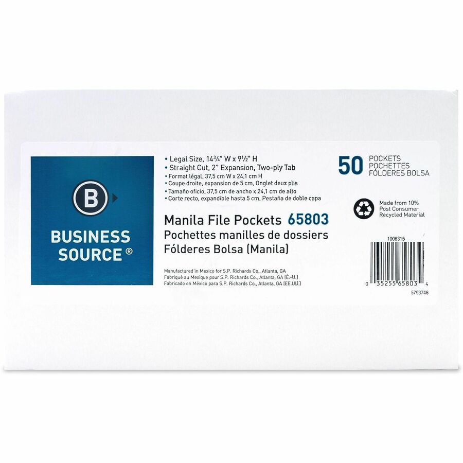 Business Source Straight Tab Cut Legal Recycled File Pocket - 8 1/2" x 14" - 2" Expansion - Manila - 10% Recycled - 50 / Box