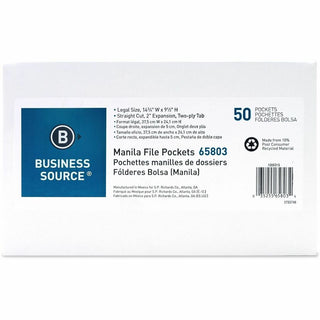 Business Source Straight Tab Cut Legal Recycled File Pocket - 8 1/2" x 14" - 2" Expansion - Manila - 10% Recycled - 50 / Box