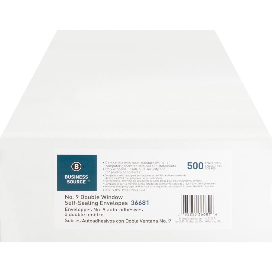 Business Source No. 9 Double Window Invoice Envelopes - Double Window - #9 - 8 7/8" Width x 3 7/8" Length - 24 lb - Self-sealing - 500 / Box - White