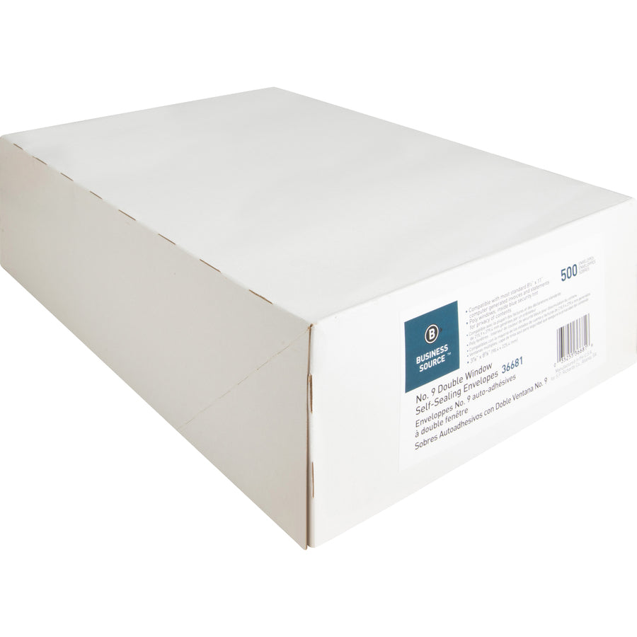 Business Source No. 9 Double Window Invoice Envelopes - Double Window - #9 - 8 7/8" Width x 3 7/8" Length - 24 lb - Self-sealing - 500 / Box - White - 