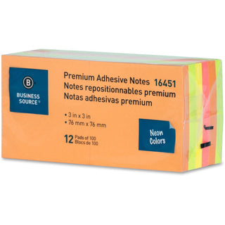 Business Source Repositionable Neon Notes - 3" x 3" - Square - Neon - Removable, Repositionable, Solvent-free Adhesive - 12 / Pack