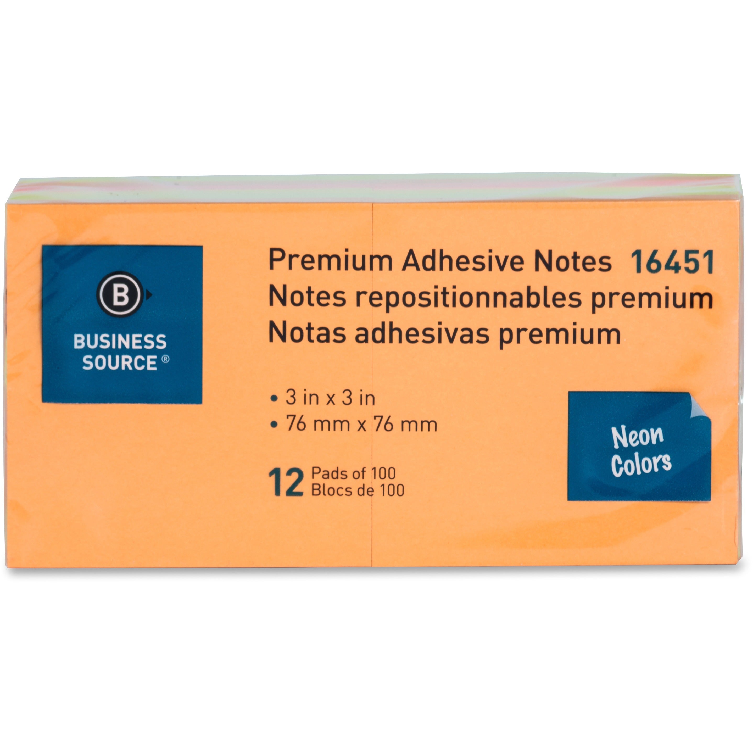 Business Source Repositionable Neon Notes - 3" x 3" - Square - Neon - Removable, Repositionable, Solvent-free Adhesive - 12 / Pack - 