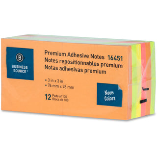 Business Source Repositionable Neon Notes - 3" x 3" - Square - Neon - Removable, Repositionable, Solvent-free Adhesive - 12 / Pack - 