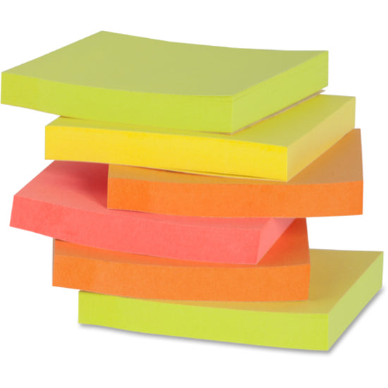 Business Source Repositionable Neon Notes - 3" x 3" - Square - Neon - Removable, Repositionable, Solvent-free Adhesive - 12 / Pack - 