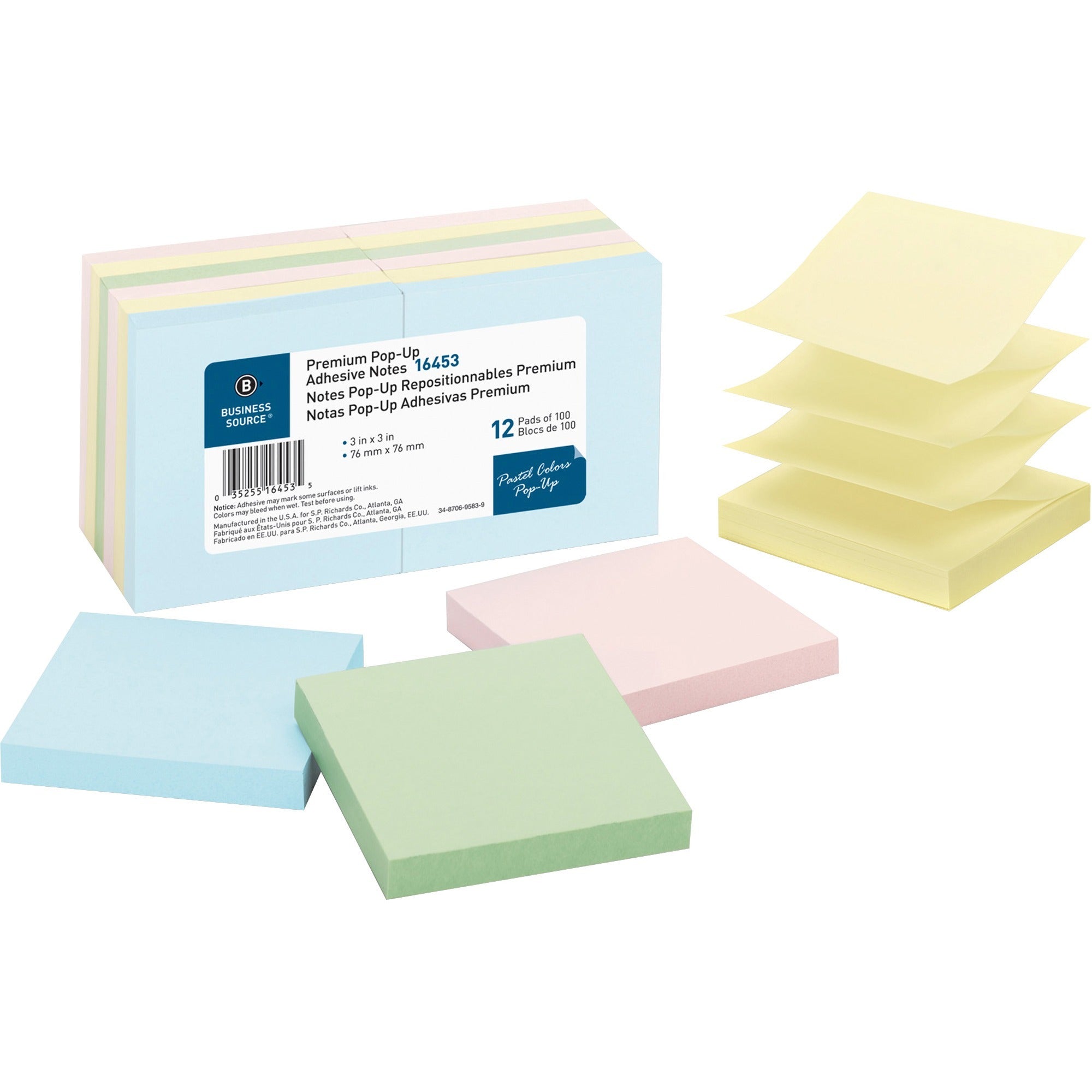 Business Source Reposition Pop-up Adhesive Notes - 3" x 3" - Square - Assorted Pastel - Removable, Repositionable, Solvent-free Adhesive - 12 / Pack - 