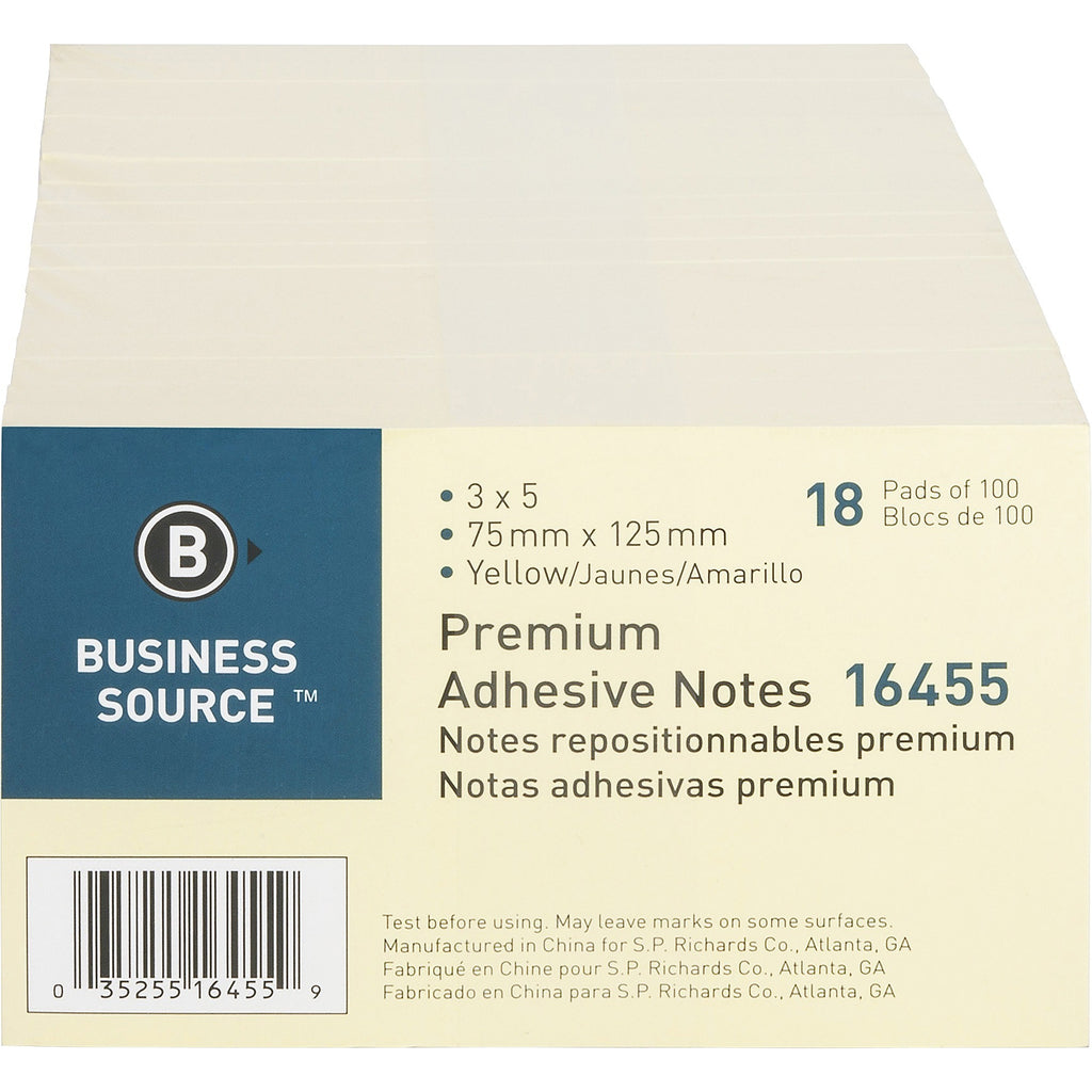 Business Source Repositionable Notes - 3" x 5" - Rectangle - Yellow - Repositionable, Solvent-free Adhesive - 18 / Pack - 