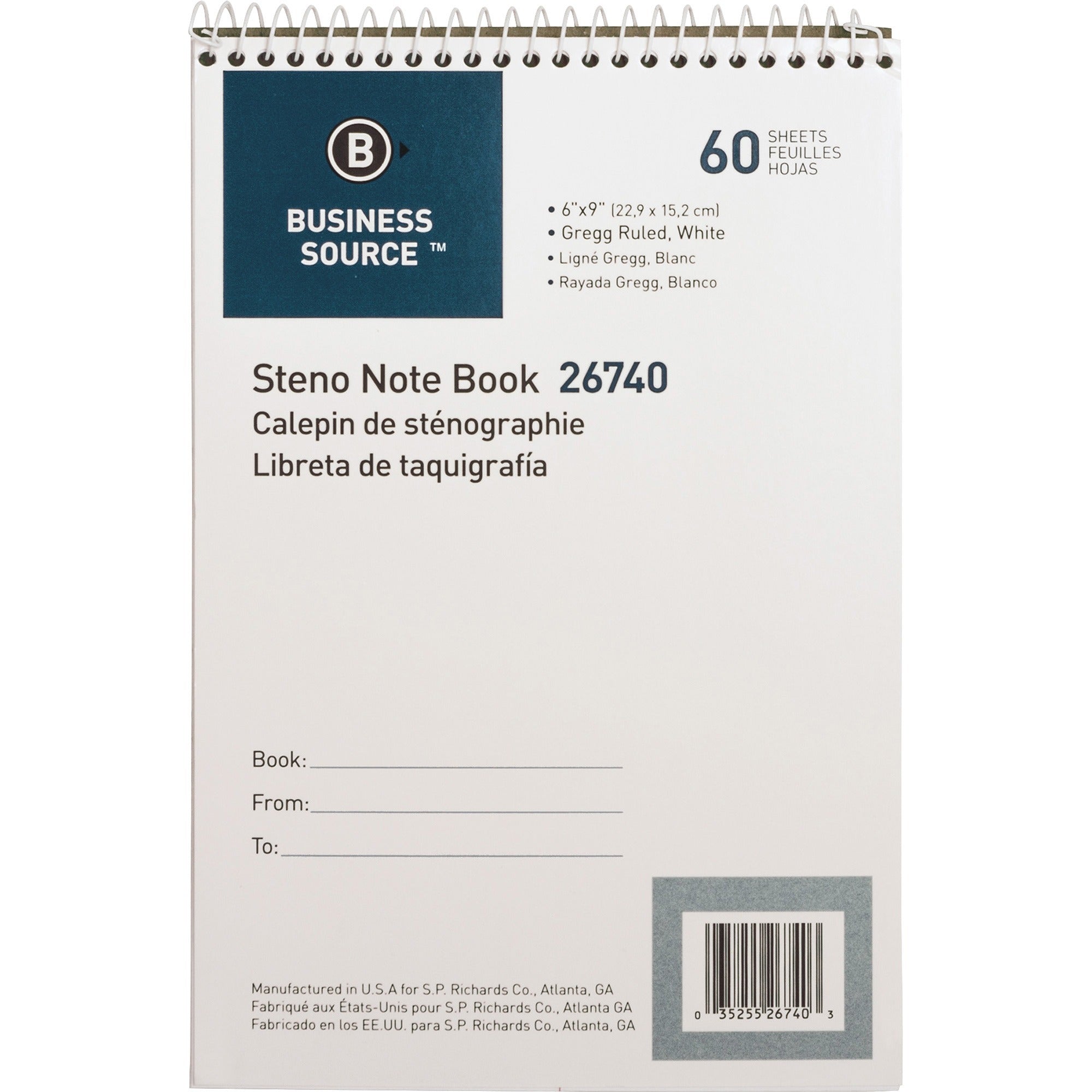 Business Source Steno Notebook - 60 Sheets - Wire Bound - Gregg Ruled Margin - 15 lb Basis Weight - 6" x 9" - White Paper - Stiff-back - 1 Each - 