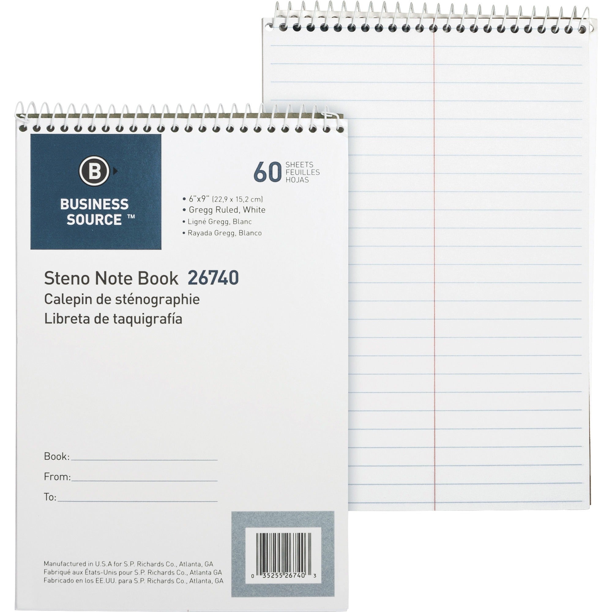 Business Source Steno Notebook - 60 Sheets - Wire Bound - Gregg Ruled Margin - 15 lb Basis Weight - 6" x 9" - White Paper - Stiff-back - 1 Each - 